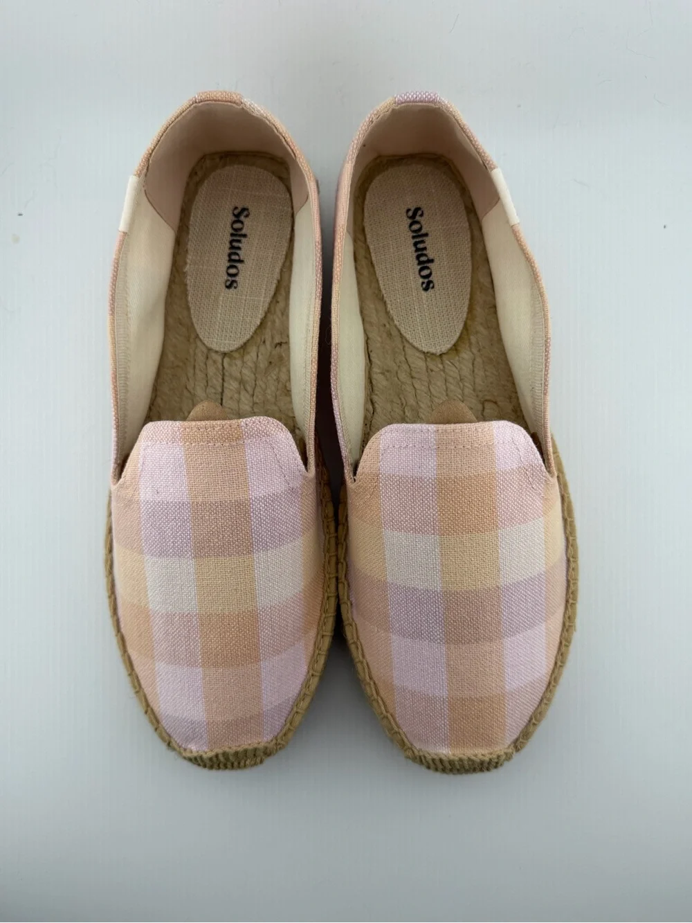 Soludos Pink and Tan Plaid Espadrille Slip-Ons
